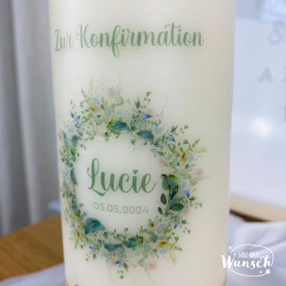 Personalisierte Kerze zur Konfirmation, Kommunion oder Taufe - Blumenkranz