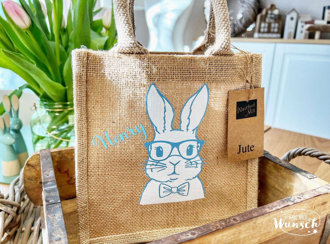 Ostertasche personalisiert | Jute | Geschenktasche | Osterkörbchen | Ostergeschenk | Geschenkverpackung | Hase | Frohe Ostern | Gift Bag