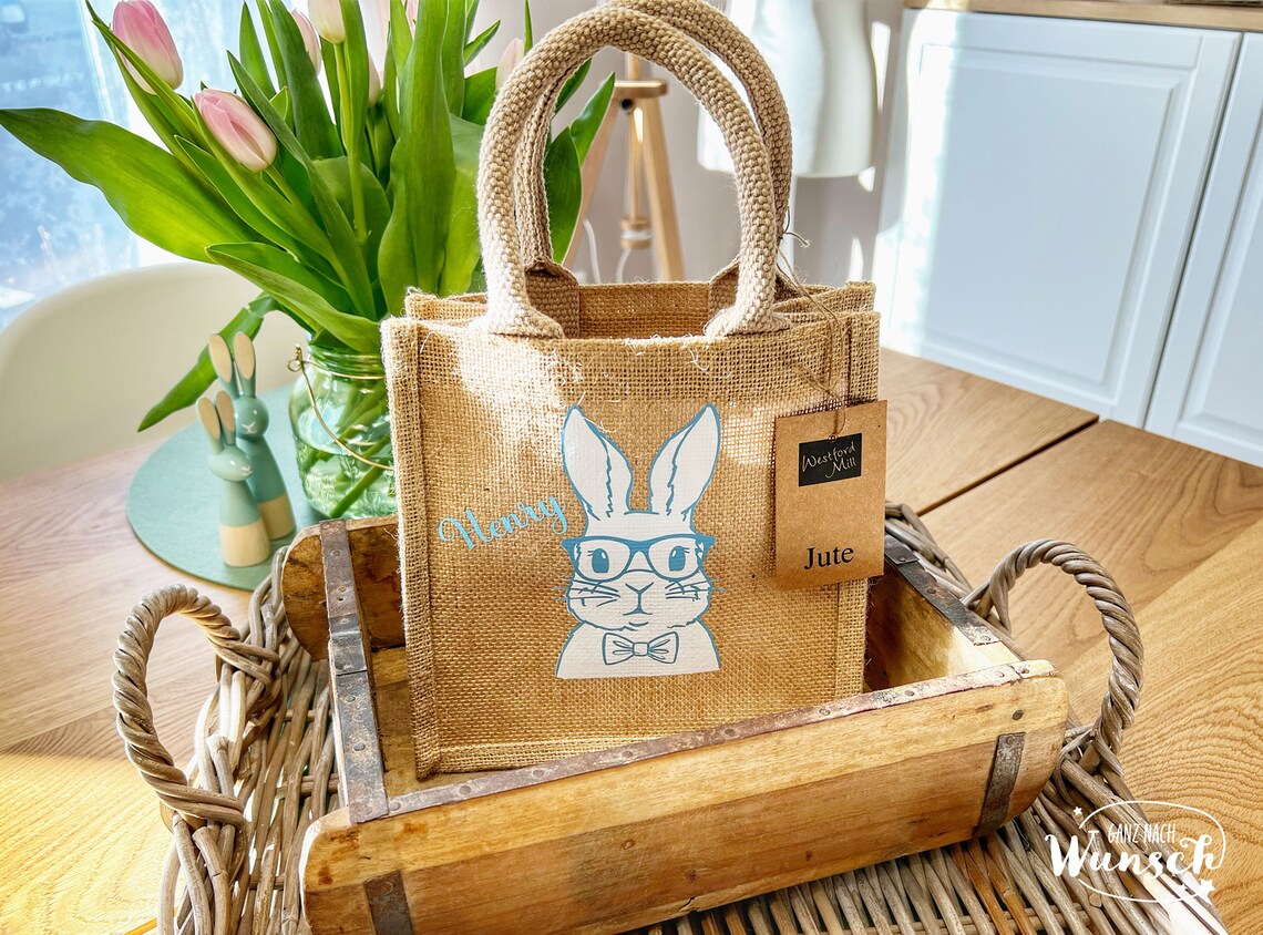 Ostertasche personalisiert | Jute | Geschenktasche | Osterkörbchen | Ostergeschenk | Geschenkverpackung | Hase | Frohe Ostern | Gift Bag