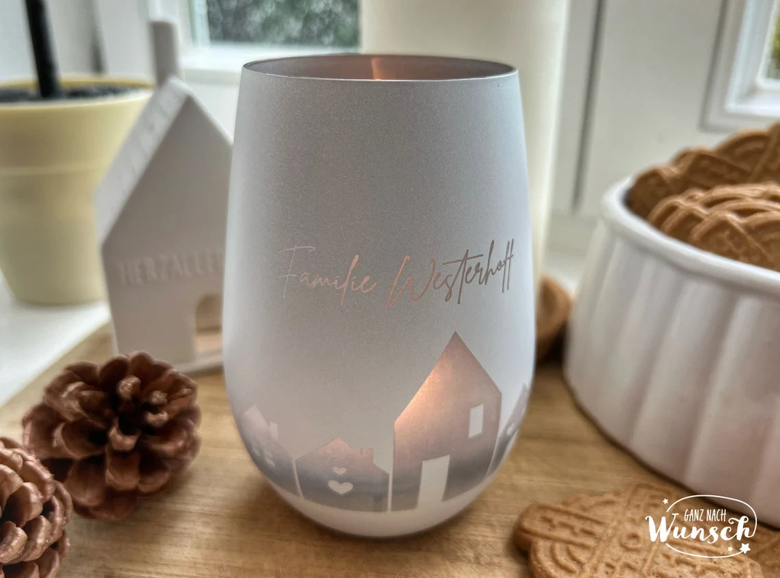 Windlicht personalisiert | Gravur | Kristallglas | Richtfest | Einzugsgeschenk | Geschenk Einzug | Häuser | Familie | Einzug | Hochzeit