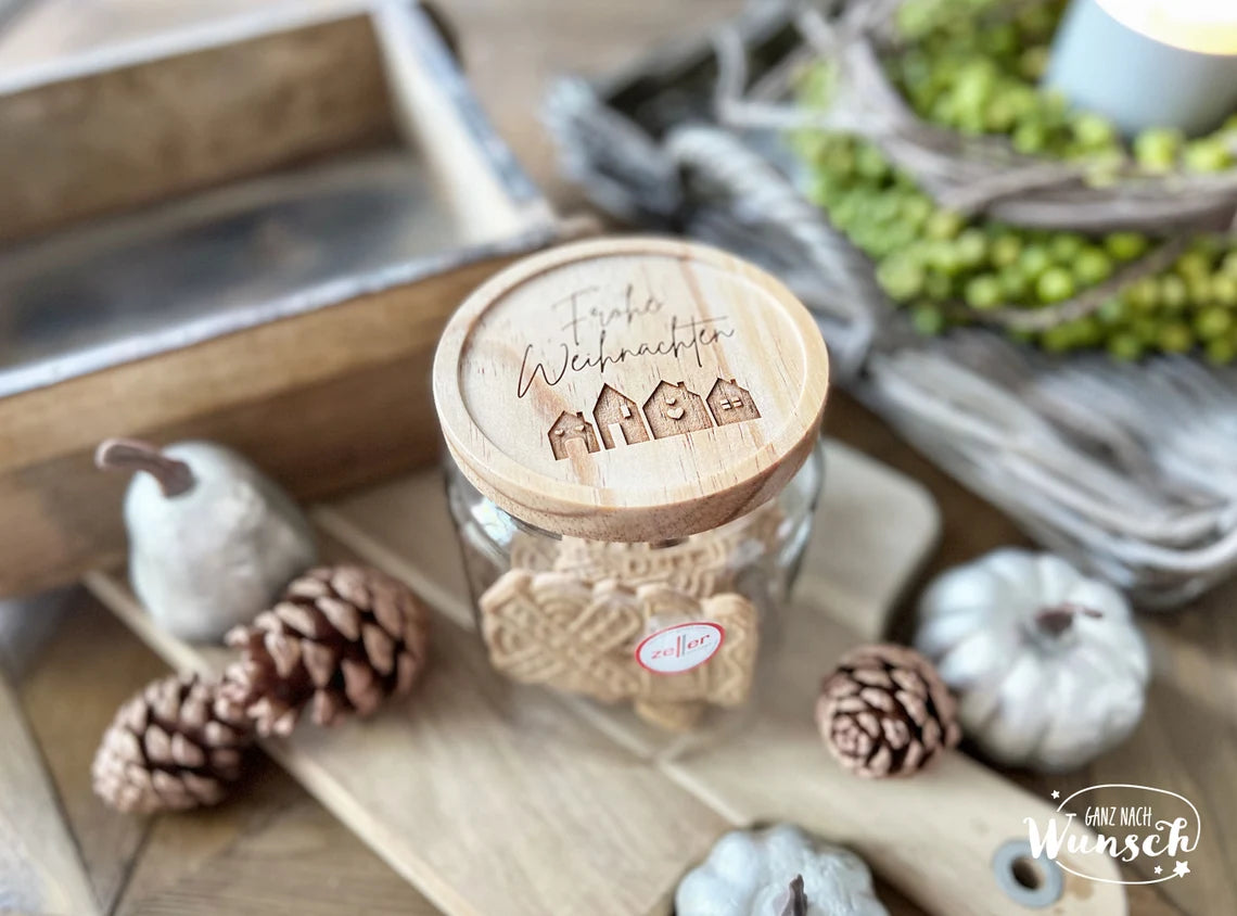 Vorratsglas Holzdeckel | Weihnachten | Keksglas | Plätzchenglas | Gravur | 830ml | Geschenk zu Weihnachten | Glas | Aufbewahrungsglas