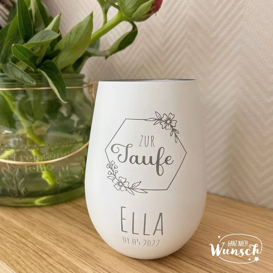 Personalisiertes Windlicht | Gravur | Kristallglas | Erinnerungslicht | Vase | Geschenk zur Taufe | Blumenkranz