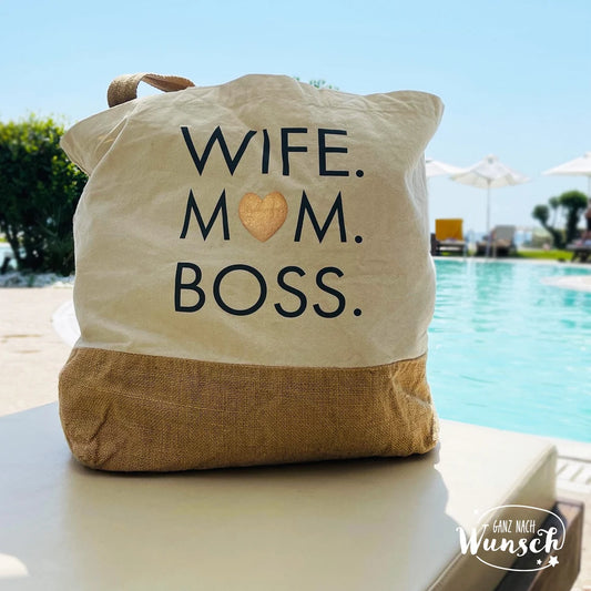 Strandtasche | Wife Mom Boss | XL | Tragetasche | große Tasche | Jute Shopper | Urlaubstasche | Muttertag | Sommertasche | Geschenk für Mama