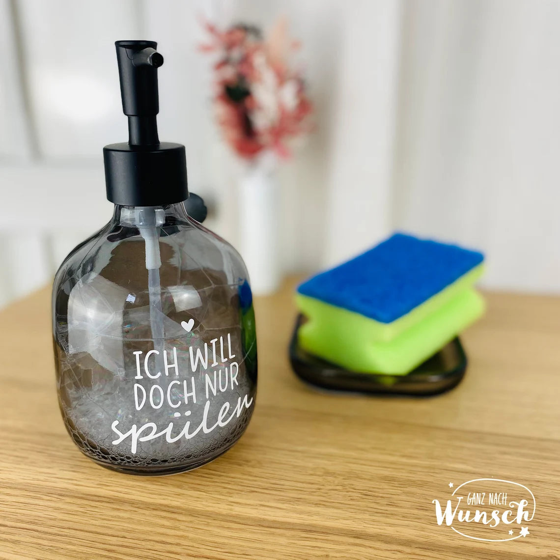 Spülmittel Spender | 400 ml | Seifenspender aus Glas | Spülmittel | zum Nachfüllen | Pumpspender und Schale | Nachhaltigkeit | Küche |