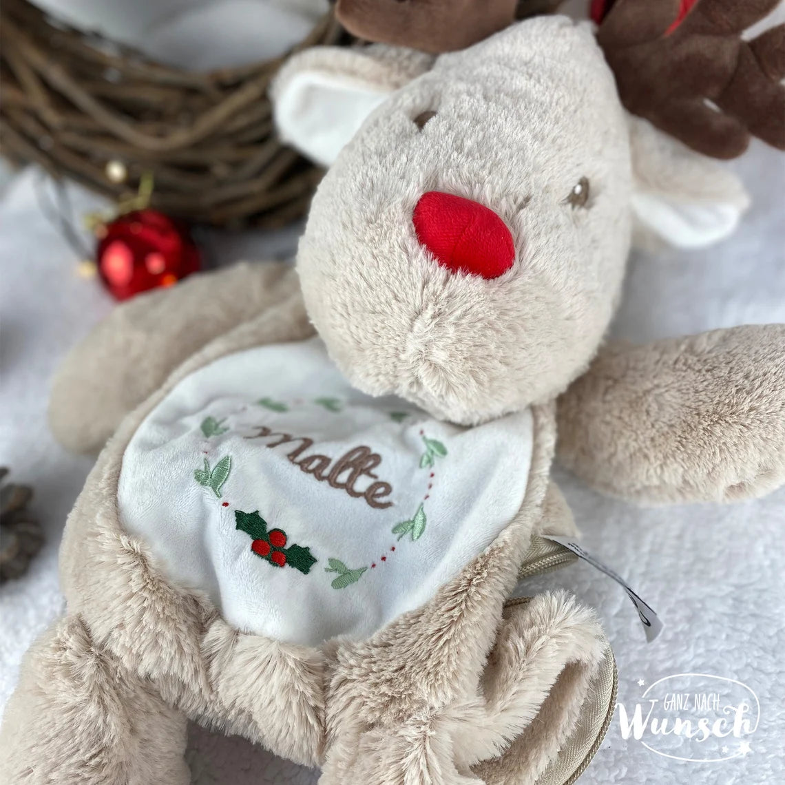 Personalisiertes Stofftier mit Tasche | Rentier Kuscheltier mit Namen | Weihnachtsgeschenk für Kinder | Geschenk zu Weihnachten | XL