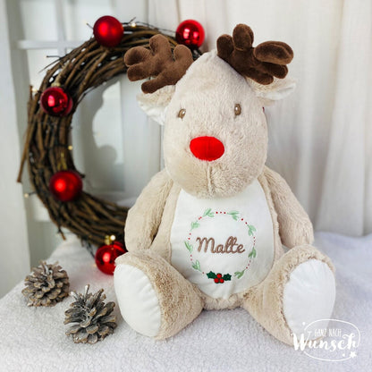 Personalisiertes Stofftier mit Tasche | Rentier Kuscheltier mit Namen | Weihnachtsgeschenk für Kinder | Geschenk zu Weihnachten | XL