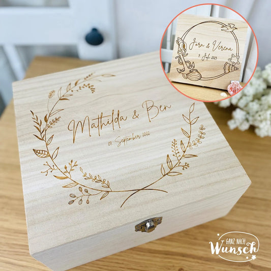 Erinnerungskiste zur Hochzeit | Personalisierte Erinnerungsbox | Holzkiste mit Gravur | Geschenk zur Hochzeit