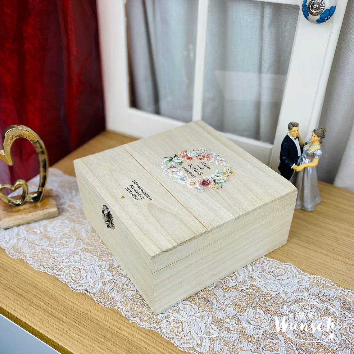 Erinnerungskiste zur Hochzeit | Personalisierte Erinnerungsbox | Holzkiste mit Bild