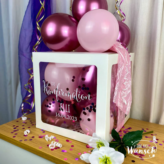 Konfirmation Geschenkbox für Mädchen mit Ballons, Personalisierte Dekoration, Kreative Luftballonverpackung, Einzigartige Erinnerung