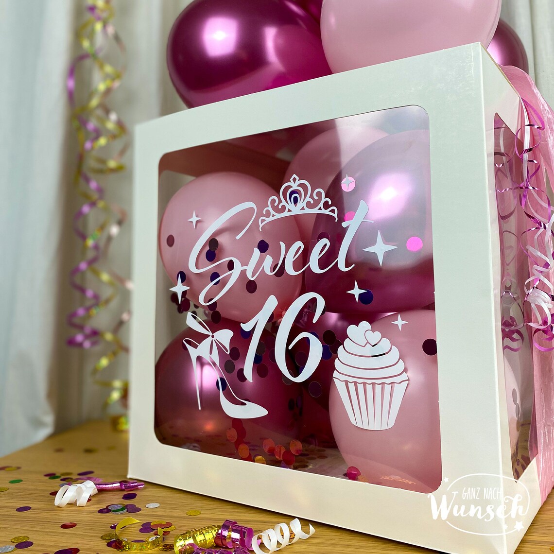 Geschenkbox für Mädchen mit Ballons zum Geburtstag, Personalisierte Dekoration, Kreative Luftballonverpackung, Einzigartige Erinnerung