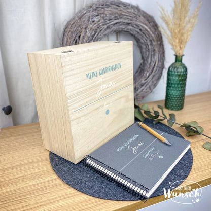 Personalisiertes Gästebuch zur Konfirmation, Kommunion, Hochzeit, Taufe, Einschulung, Geburt | auch als Set mit Kugelschreiber und Holzbox