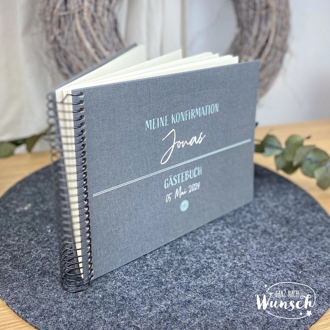 Personalisiertes Gästebuch zur Konfirmation, Kommunion, Hochzeit, Taufe, Einschulung, Geburt | auch als Set mit Kugelschreiber und Holzbox