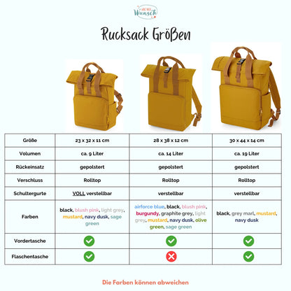 Rucksack personalisiert Damen, Kinder | Schule, Kindergarten | Rolltop Schulrucksack | Einschulung | Outdoor | Geschenk Mama | Städtetrip