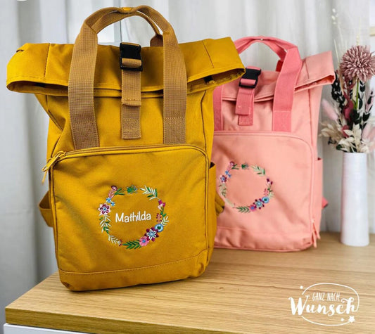 Rucksack personalisiert mit Stick und Namen, Kinder | Schule, Kindergarten | Rolltop Schulrucksack | Einschulung | Outdoor | Geschenk Mama |